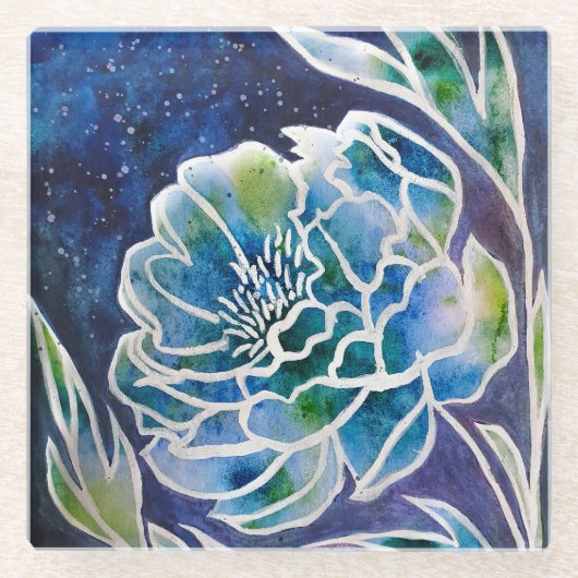 ブルーダリアネイビーティール（緑がかった色）シナフローラ水彩 ガラスコースター (正面)