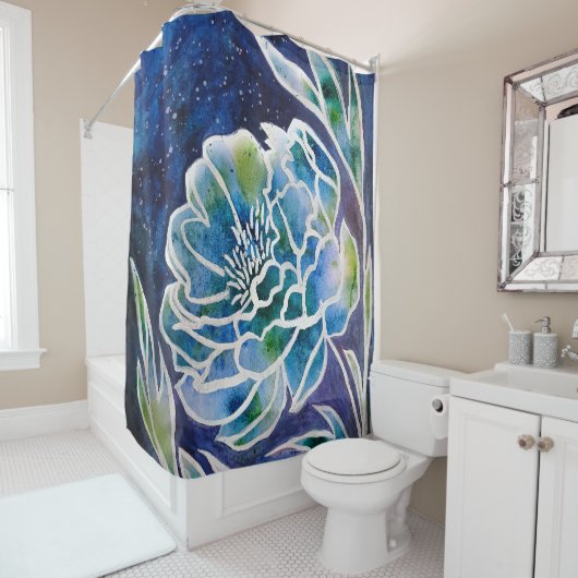 ブルーダリアネイビーティール（緑がかった色）シナフローラ水彩 シャワーカーテン (インサイチュ)