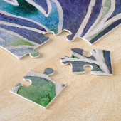 ブルーダリアハンドメイドネイビーティール（緑がかった色）フローラ水彩 ジグソーパズル (側面)