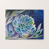 ブルーダリアハンドメイドネイビーティール（緑がかった色）フローラ水彩 ジグソーパズル (横)