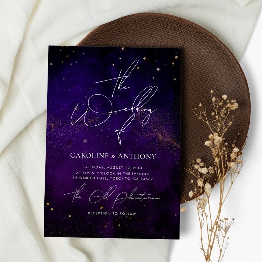 ブルーダークパープルウォーターカラーマジカル金ゴールド結婚ズ 招待状