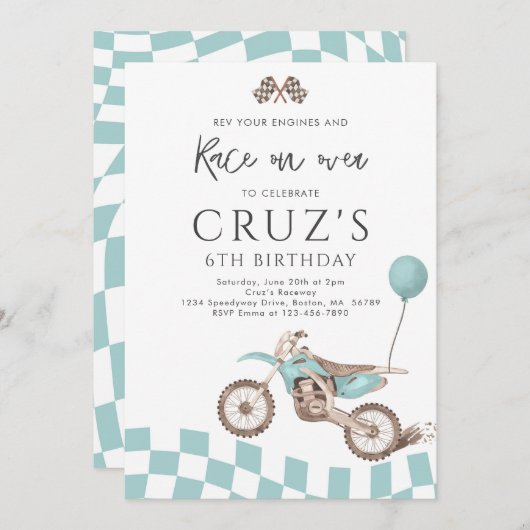 ブルーダートバイクボーイモトクロスレーシングバースデーパーティー 招待状 (正面/裏面)