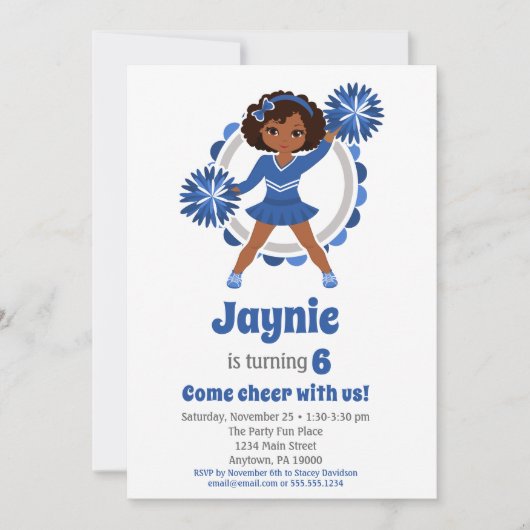 ブルーチアリーダー – アフリカ系アメリカ誕生日 招待状 (正面)