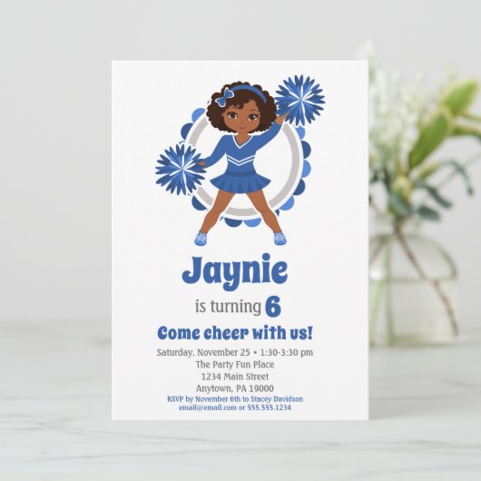 ブルーチアリーダー – アフリカ系アメリカ誕生日 招待状 (スタンド正面)