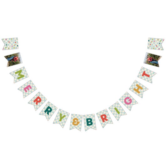 ブルーチェッカー柄のMerry & Brightバンタバナー バンティングフラッグ (全)