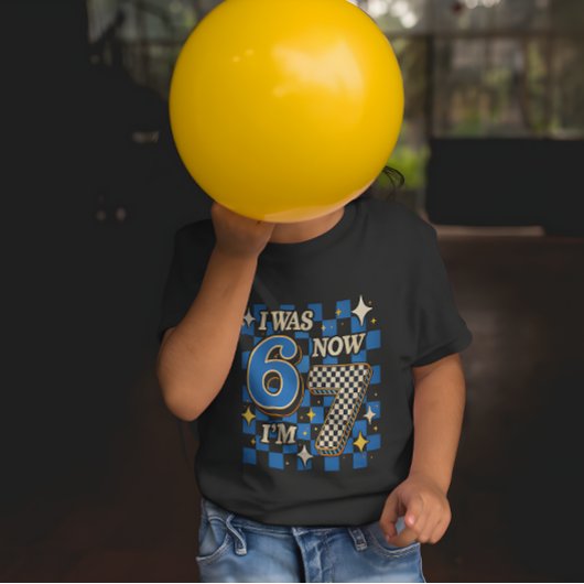 ブルーチェッカー柄 6歳から7歳へ おもしろ 6 7 Tシャツ