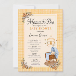 ブルーチェックのベビーベッド付き Mama to Bee ベビーシャワー 招待状