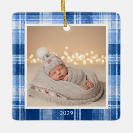 ブルーチェックの初クリスマス 写真オーナメント セラミックオーナメント
