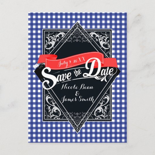 ブルーチェックギンガムのエンゲージメント「Save The Date」 ポストカード (正面)