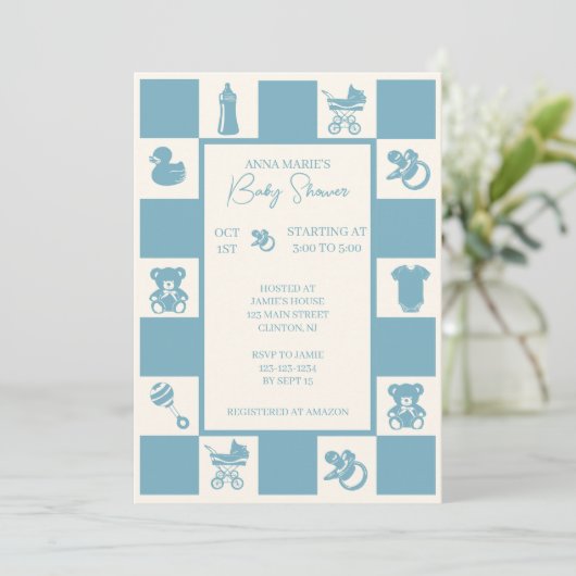 ブルーチェックベビーシャワー招待状 招待状 (スタンド正面)