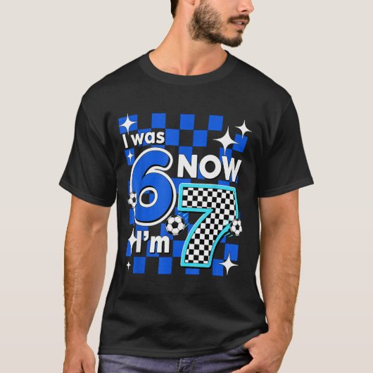 ブルーチェック柄 6歳から7歳 サッカー好きの誕生日 Tシャツ (正面)