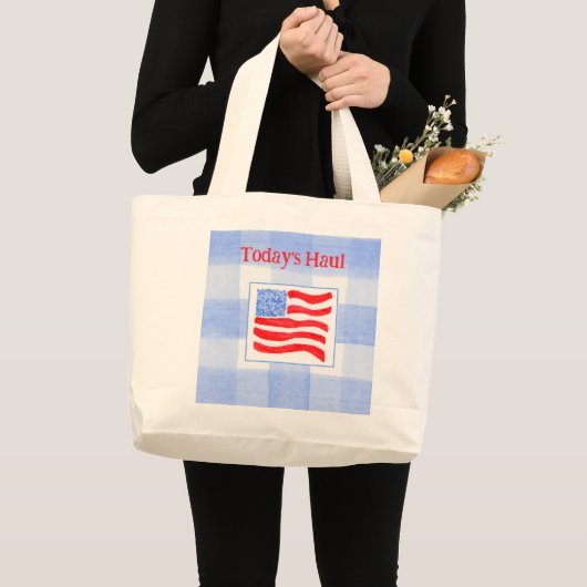ブルーチェック ウォーターカラー アメリカ国旗 ラージトートバッグ (正面(商品))
