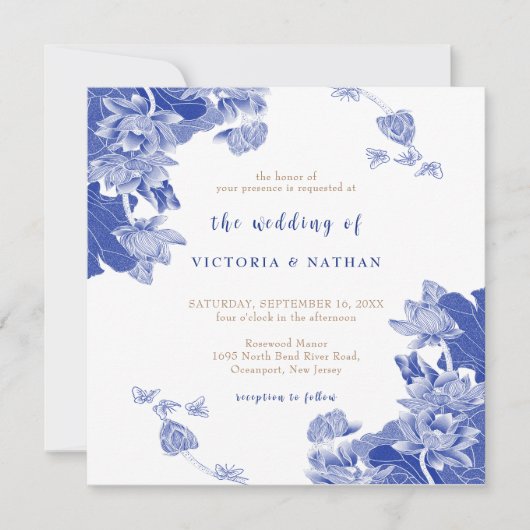 ブルーチエレガントノイスリーフローラスクエア結婚ズ 招待状 (正面)