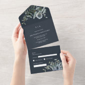 ブルーチッスルウォーターカラーユーカリ結婚ス オールインワン招待状 (貼ってはがせる)