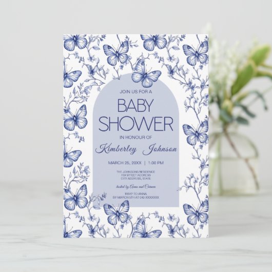 ブルーチノイスリーバタフライベビーシャワー招待状 招待状 (スタンド正面)