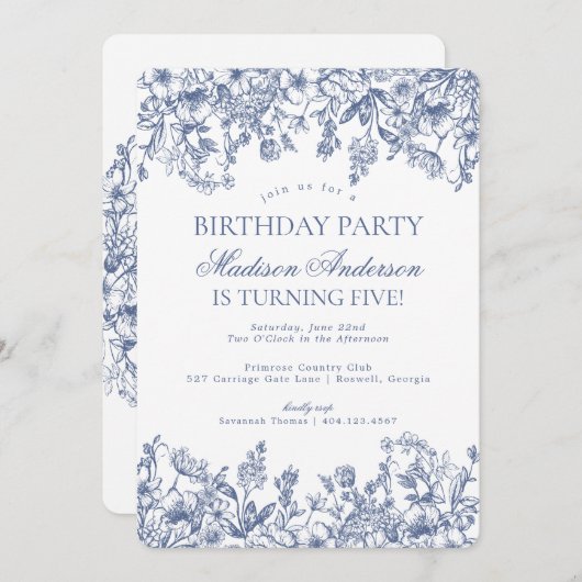 ブルーチノイスリーヴィンテージフローラ誕生会 招待状 (正面/裏面)