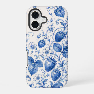 ブルーチノワズリイチゴの花のスマホケース iPhone 16ケース