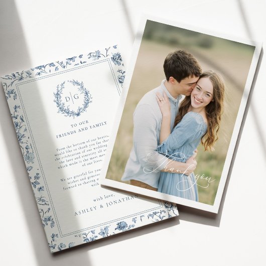 ブルーチノワズリーデザインの結婚式の写真 サンキューカード
