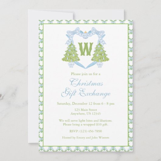 ブルーチノワセリークリスマスツリーモノグラムクレスト 招待状 (正面)