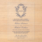 ブルーチノワセリークレストモノグラム結婚ズ アクリル招待状 (正面)