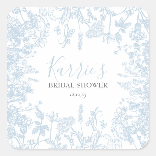 ブルーチノワセリーフローラブライダルシャワーメッセージカード スクエアシール (正面)