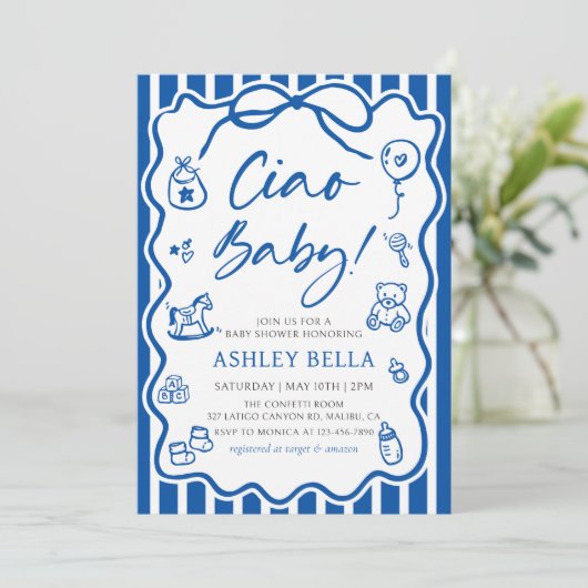 ブルーチャオベビーお洒落イタリアンベビーシャワー 招待状 (スタンド正面)