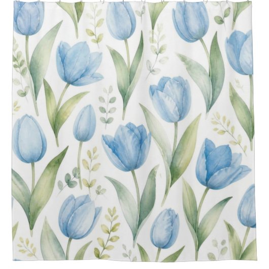 ブルーチューリップの水彩花の絵画植物画 シャワーカーテン (正面)