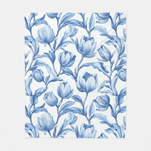 ブルーチューリップヴィンテージフローラルパターン フリースブランケット (正面)