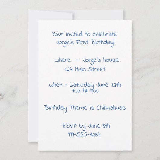 ブルーチワフアファーファースト誕生日インビティション 招待状 (裏面)