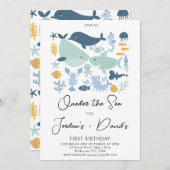 ブルーツイモダンンズワンダーザシーボーイズ1st誕生日 招待状 (正面/裏面)