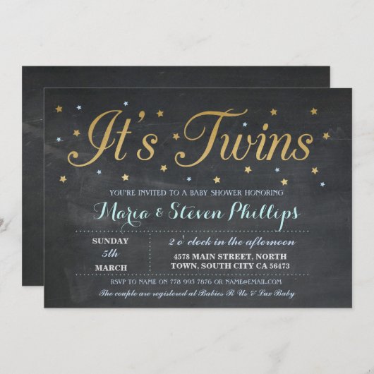 ブルーツインズボーイチョーク金ゴールドベビーシャワー招待状 招待状 (正面/裏面)
