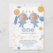 ブルーツインズ ファーストトリップ アラウンド ザ サン 1歳の誕生日 招待状 (正面)