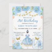 ブルーツゥブルネットヘアバレリーナ誕生日 招待状 (正面)