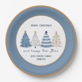 ブルーツリーモダン文字名クリスマスホリデー ペーパープレート (正面)