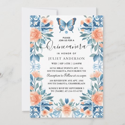 ブルーティアラファミリーラテンアメリカ系女性スペインのガーリーキンセアニェラ 招待状 (正面)