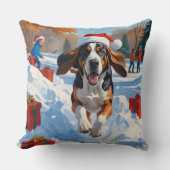 ブルーティックコンハウンドクリスマスフェスティバル雪景色 クッション (正面)