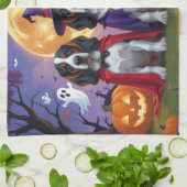 ブルーティックコンハウンドドッグスパンプキンハロウィンおもしろい キッチンタオル (折り畳み)