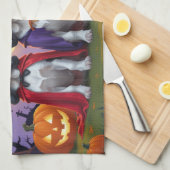 ブルーティックコンハウンドドッグスパンプキンハロウィンおもしろい キッチンタオル (四つ折り)