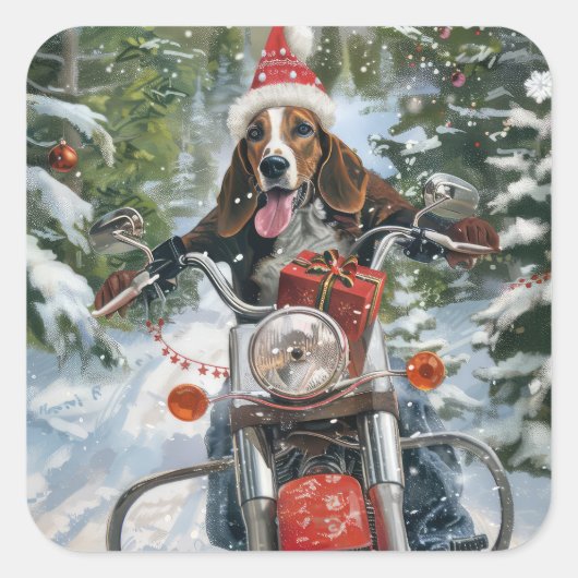 ブルーティックコンハウンドドッグライディングオートバイクリスマス スクエアシール (正面)