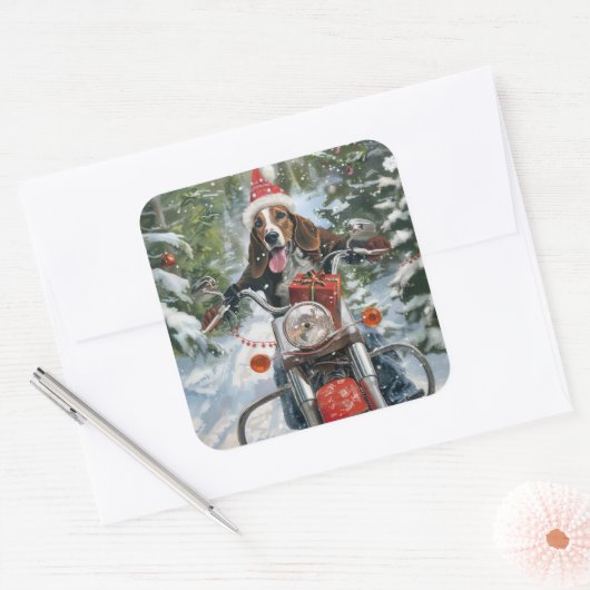 ブルーティックコンハウンドドッグライディングオートバイクリスマス スクエアシール (封筒)