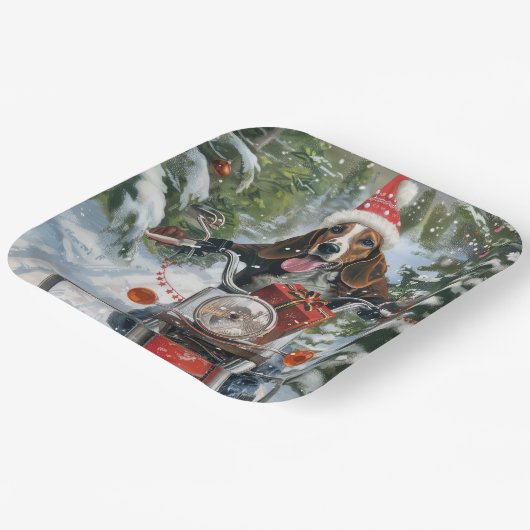 ブルーティックコンハウンドドッグライディングオートバイクリスマス ペーパープレート (傾斜あり)