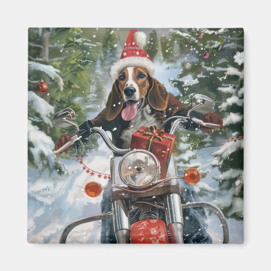 ブルーティックコンハウンドドッグライディングオートバイクリスマス マグネット (正面)