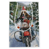 ブルーティックコンハウンドドッグライディングオートバイクリスマス ミディアムペーパーバッグ (正面)