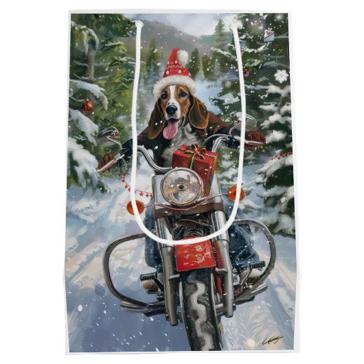 ブルーティックコンハウンドドッグライディングオートバイクリスマス ミディアムペーパーバッグ (裏面)
