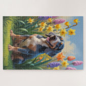 ブルーティック・クーンハウンドの犬と春の花の絵 ジグソーパズル (横)