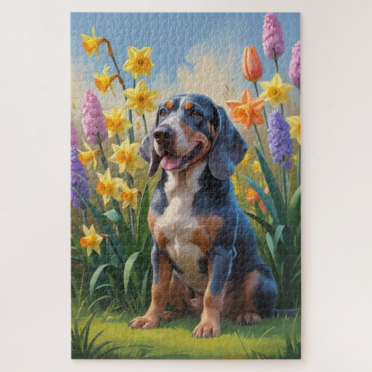ブルーティック・クーンハウンドの犬と春の花の絵 ジグソーパズル (縦)