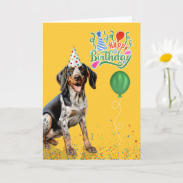 ブルーティック・クーンハウンドの犬 パーティーハット 黄色い誕生日 カード