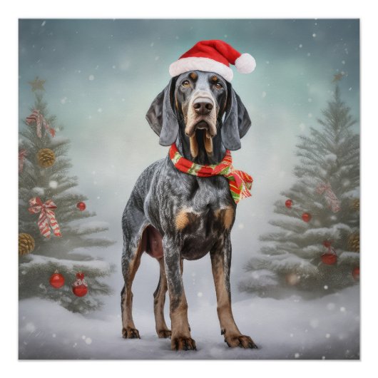ブルーティック・クーンハウンドの犬 雪のクリスマス ポスター (正面)