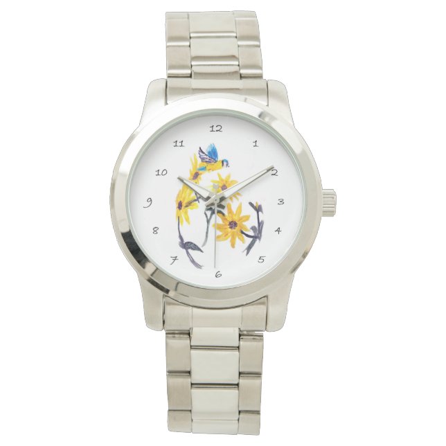 ブルーティットイエローサンフラワーズアート，フローラ 腕時計 (正面)