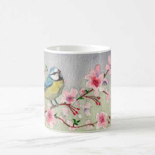 ブルーティットバードオンさくらんぼ花の木の水色 コーヒーマグカップ (中央)